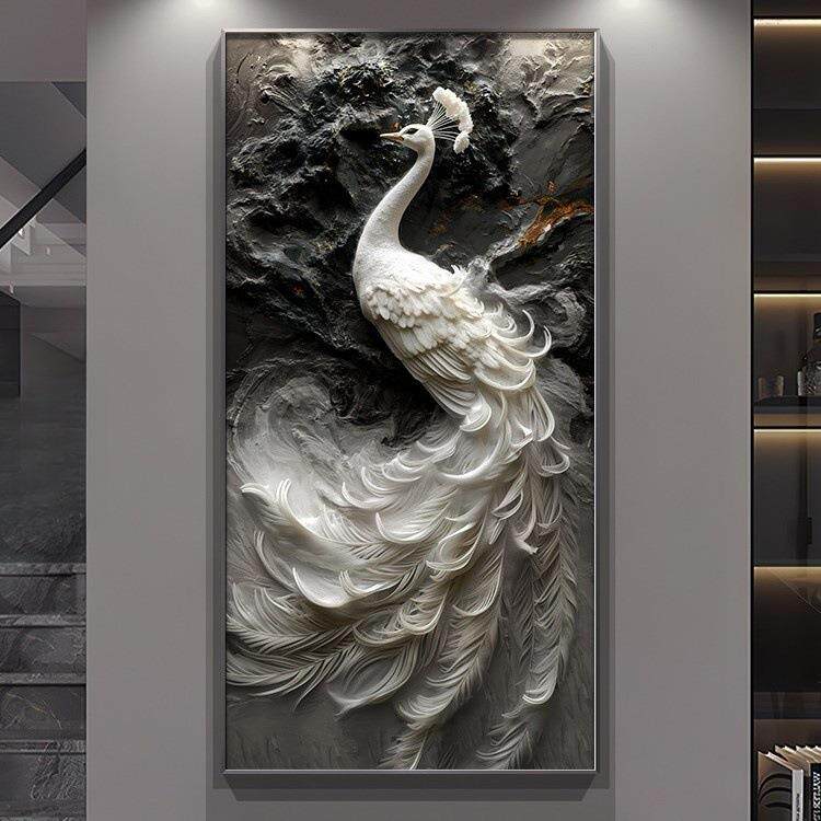 高级感浮雕立体肌理画孔雀挂画入户进门玄关装饰画走廊过道墙壁画