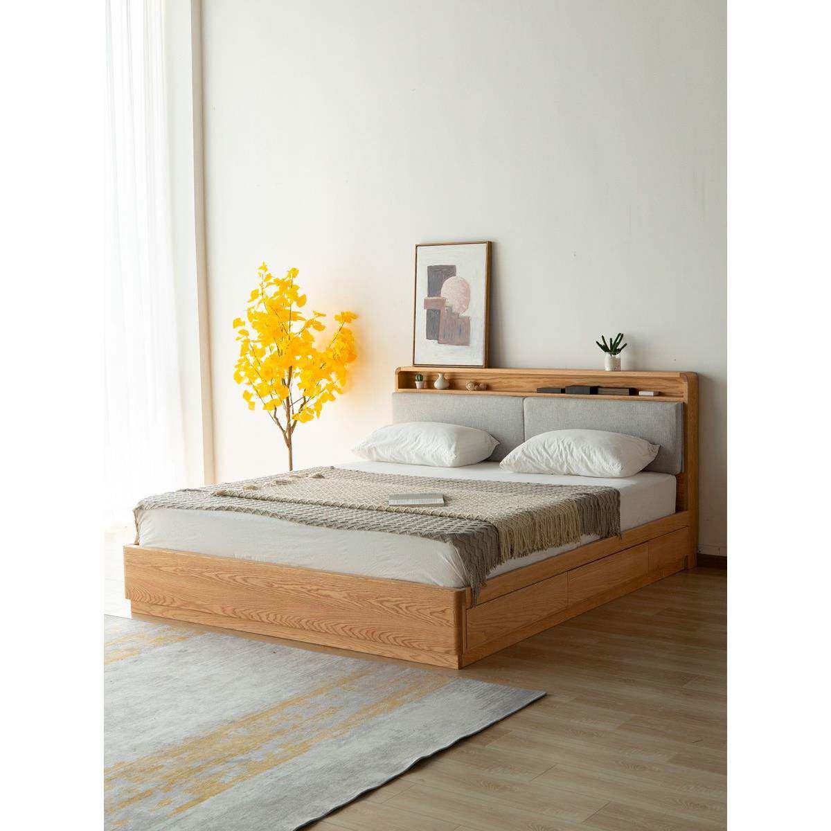 北美红橡木实木软包床北欧高箱储物气压床简约榻榻米抽屉落地床实