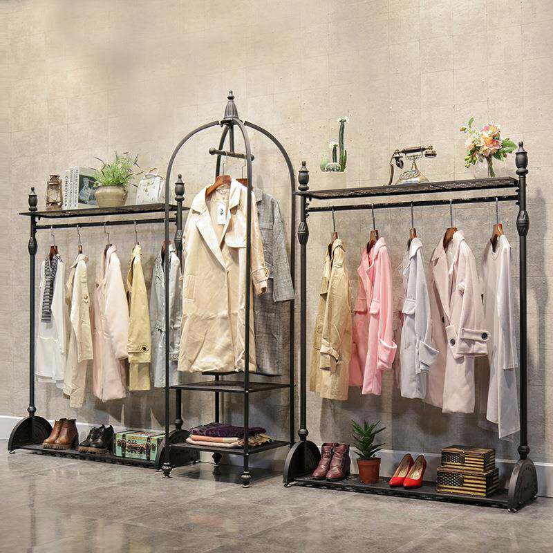 订做欧式服装店衣架展示架落地式侧挂复古铁艺女装中岛挂衣服货架