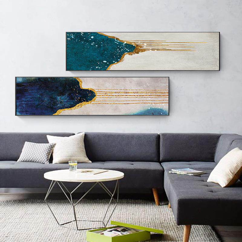 油画手绘金箔线条卧室床头画现代轻奢沙发横幅背景装饰画书房挂画