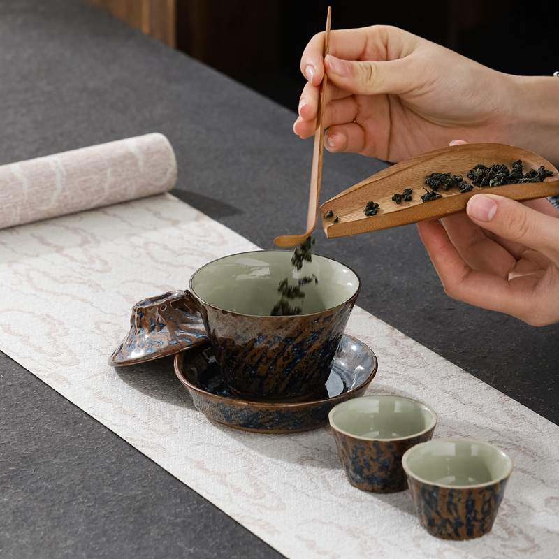 创意千里江山陶瓷旅行茶具套装简约便携快客杯一壶盖碗二杯收纳包
