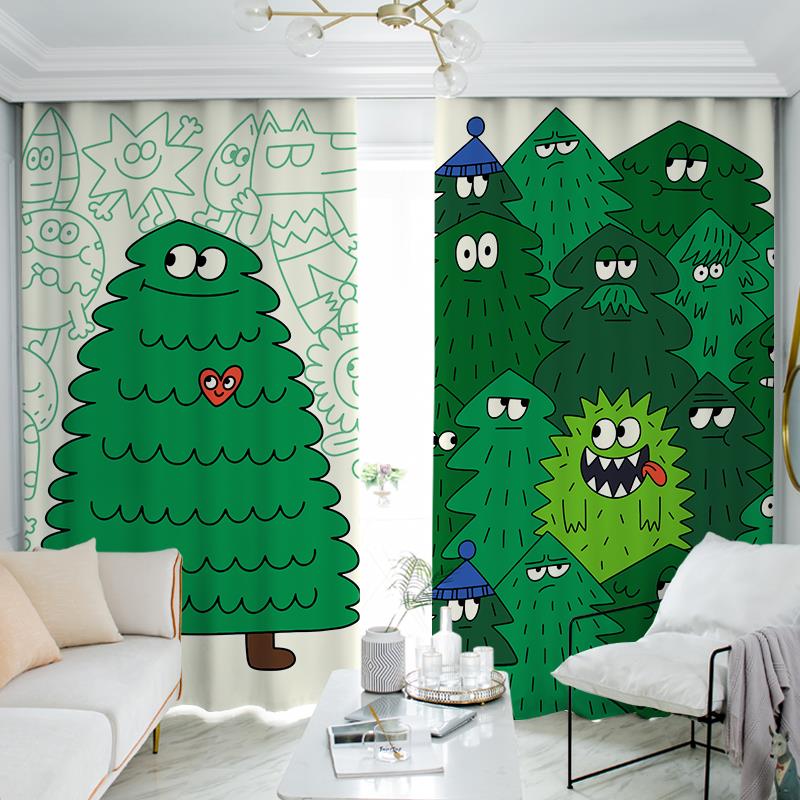 ins风多巴胺客厅窗帘全遮光免打孔防晒布创意卡通卧室儿童房遮阳