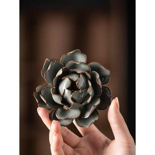 创意手工线香插牡丹花香炉家用室内陶瓷哥窑复古线香底座香器摆件