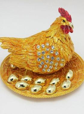 金属招财摆件金鸡祝福新年礼物合金珐琅凤尾公鸡摆件首饰盒装饰