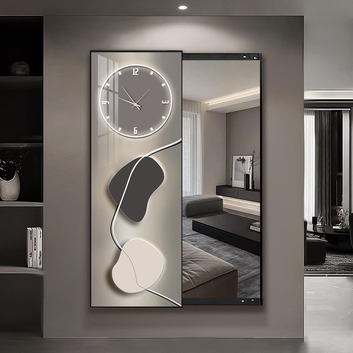 轻奢隐形全身镜推拉隐藏镜子带时钟挂钟表试衣镜装饰画壁挂穿衣镜