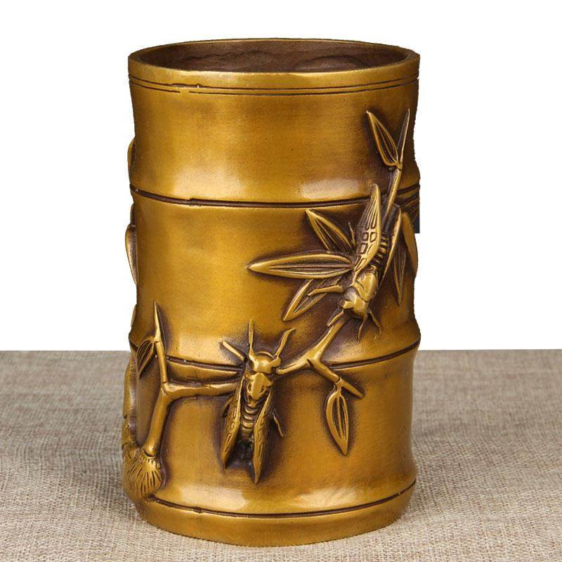 朴器 铜梅兰竹菊笔筒 铜荷花笔筒铜马笔筒铜龙笔筒铜金蝉笔筒摆件