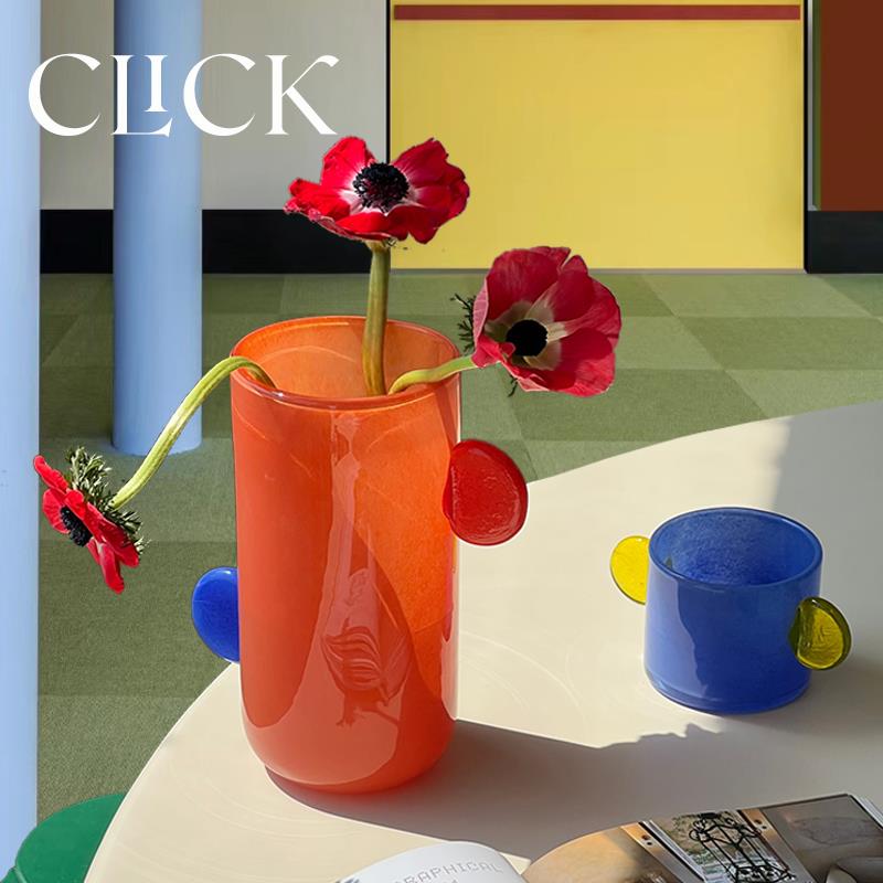 click哥本哈根小耳朵直筒花瓶花器彩色琉璃玻璃手工北欧ins风摆件