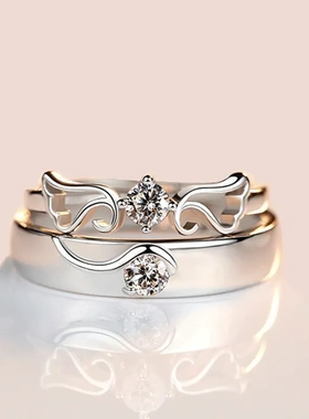 S925纯银天使之翼情侣戒指男女一对韩版网红简约戒指