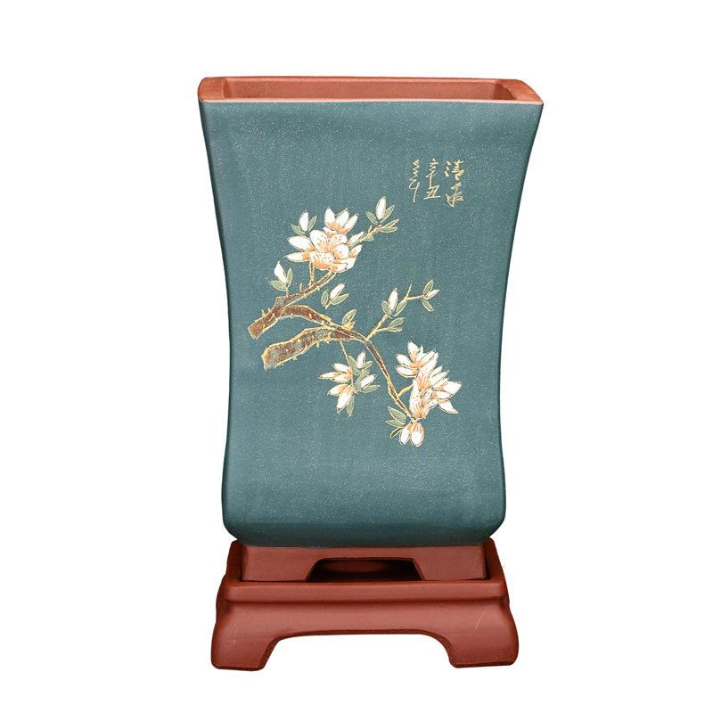 紫砂兰花盆大号四方刻绘点彩带底座花卉园艺绿植客厅盆景厂家
