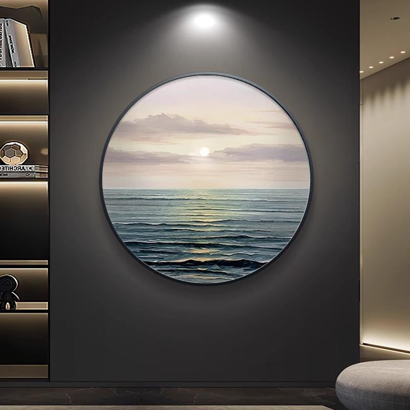 现代极简餐厅装饰画高级感蓝色调海景玄关挂画肌理感客厅圆形壁画