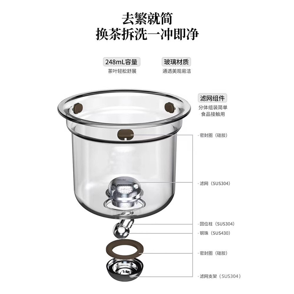 飘逸杯泡茶壶一键过滤胡桃木全玻璃内胆茶水分离懒人泡茶壶高E18