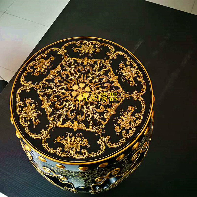 大漆彩绘中式仿古实木鼓凳茶几