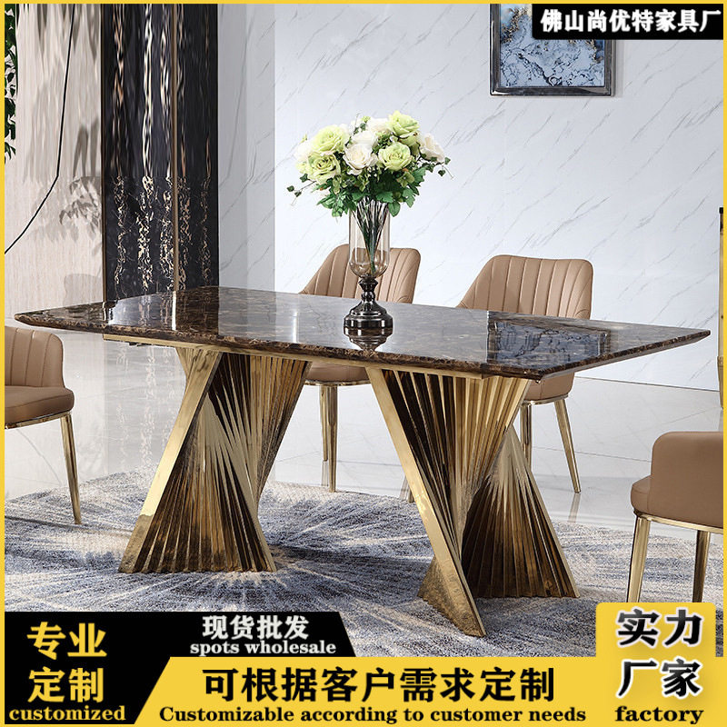 大理石吃饭桌子别墅家具会议桌家用餐台简约不锈钢美式轻奢餐桌椅