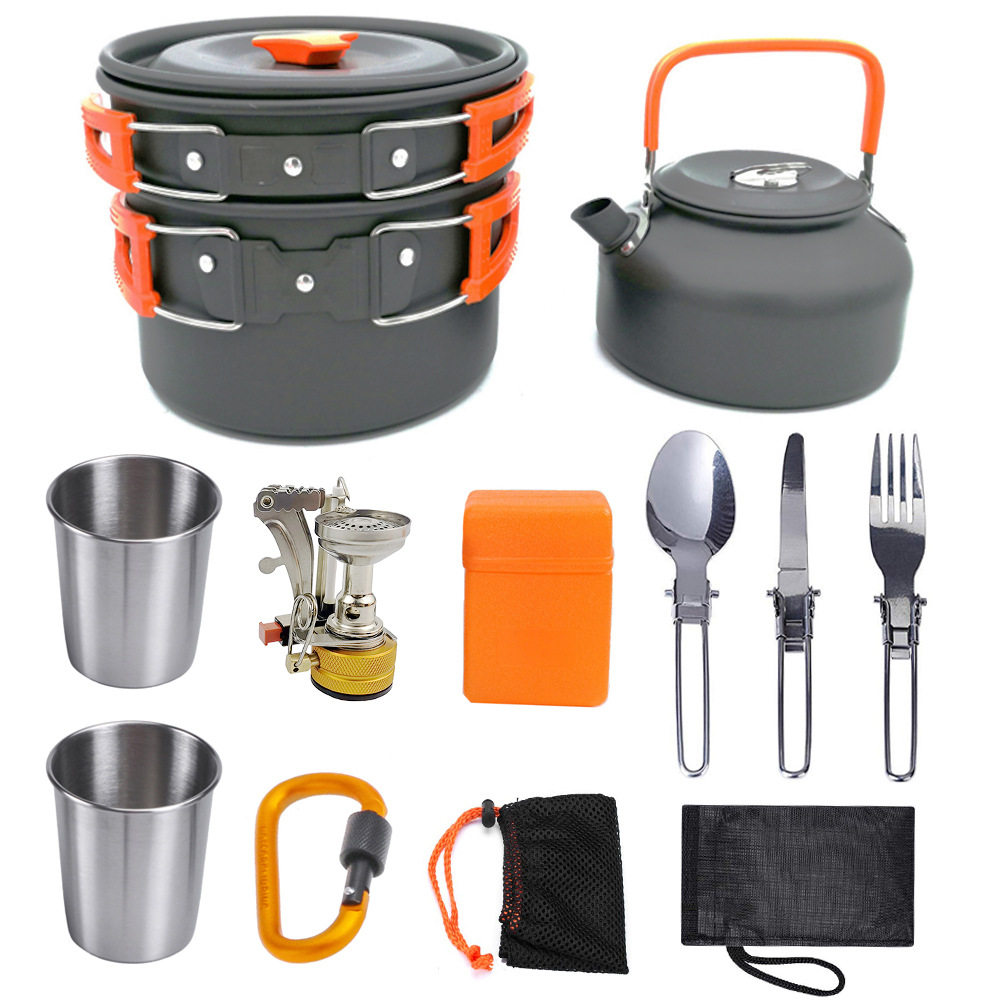 新款亚马逊户外用品套锅茶壶组合便携野营炊具烧烤炉具野外装备