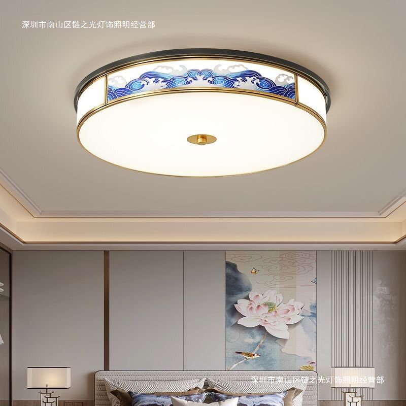 中式全铜仿云石吸顶灯新中式高档主卧灯圆形卧室书房房间阳台灯具