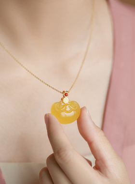 一念如意祥云长命锁纯银古法金国潮蜜蜡琥珀O玉石锁骨小吊坠项链