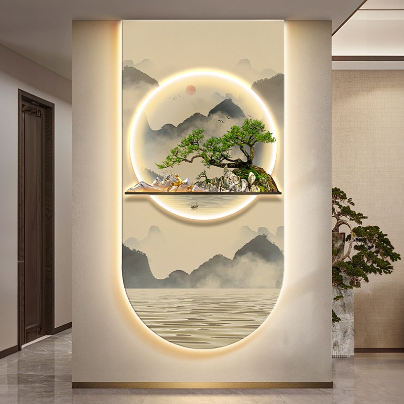 现货速发山水福鹿玄关装饰画新中式迎客松树走廊过道挂画拱形入户
