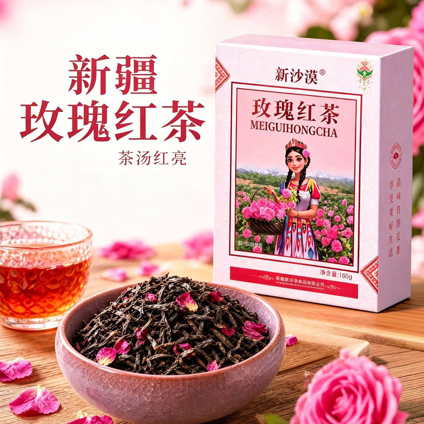 新疆特产玫瑰红茶红茶重瓣红玫瑰沙棘叶茶调味茶自饮伴手礼160g盒