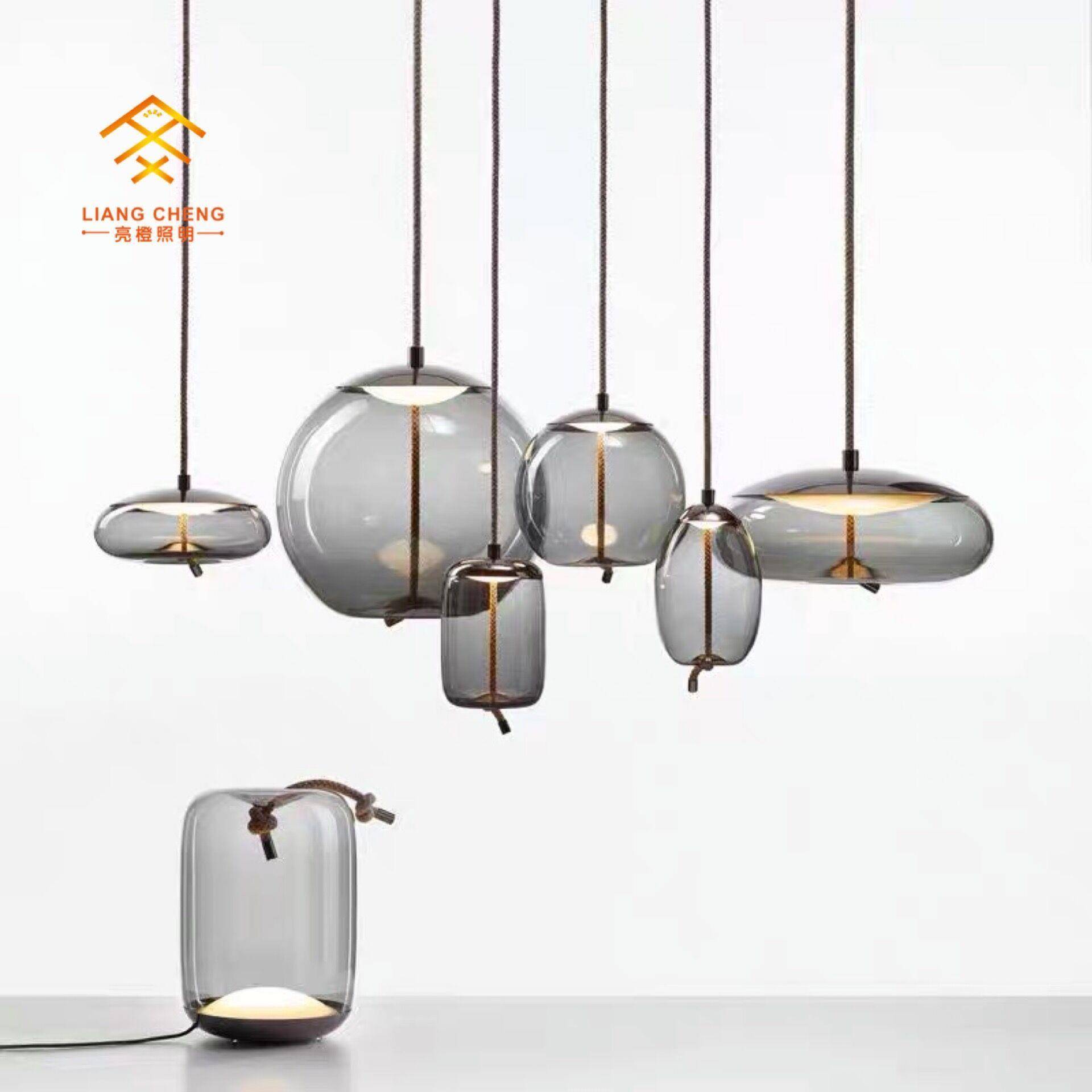 新款简约吊灯咖啡厅个性吧台麻绳loft餐厅吊灯蓝色吊灯创意玻璃灯