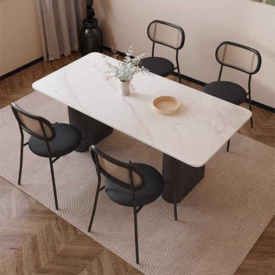 法式复古岩板餐桌现代简约黑色长方形餐桌椅轻奢法式奶油风吃饭