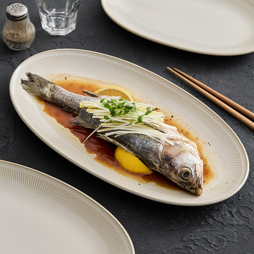 速发优格米菜鱼盘家用蒸鱼盘子高黄感椭圆鱼盆餐具大号陶瓷装鱼碟