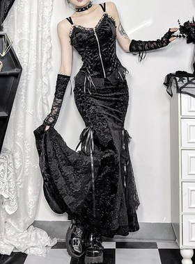 速发wa带thi套 哥特宫廷风黑色礼服s装圣节服装暗黑吊a复古鱼尾裙