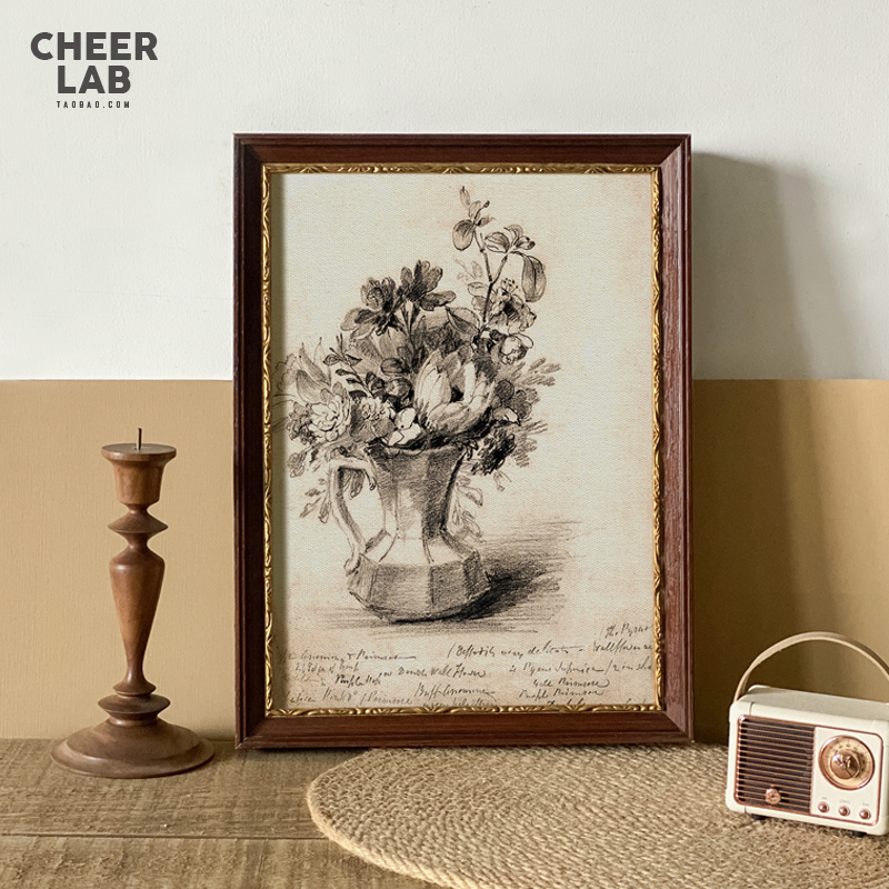 素描瓶花复古装饰画轻奢链条组合法式花J朵壁画复古小众客厅挂画