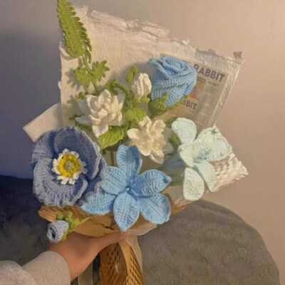 毛线手工a编织花束diy材料包自制手织玫瑰风信子仿真花送女友礼物