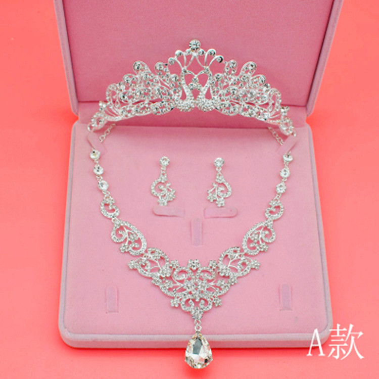 日本品质新娘项链三件套合金水钻头饰结婚耳环配饰婚庆专用