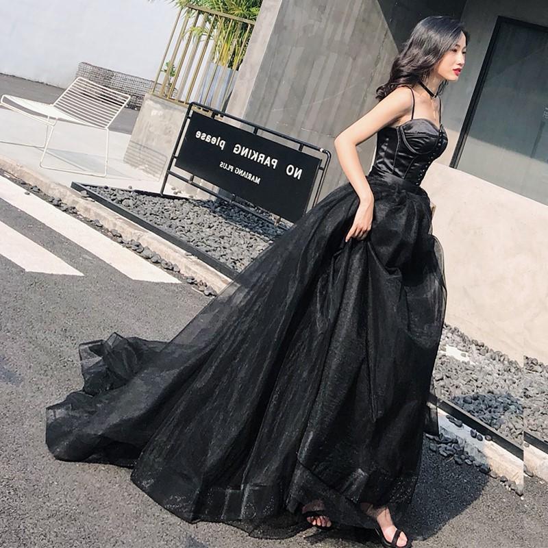 日本品质黑色拖尾吊带礼服女2025年新款露背性感连衣裙抹胸名媛宴