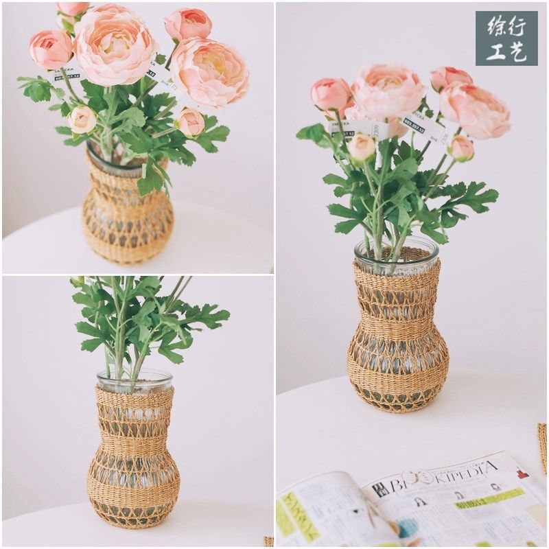 徐行工艺ins风草编玻璃花瓶日式藤编干花鲜花Q插花器家居装饰摆件,家居饰品,花瓶,淘宝优惠券,粉丝福利购,淘宝优惠卷