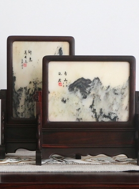 老红木台屏寮国大红酸枝木雕桌屏嵌天然石画插屏刺绣台屏摆件