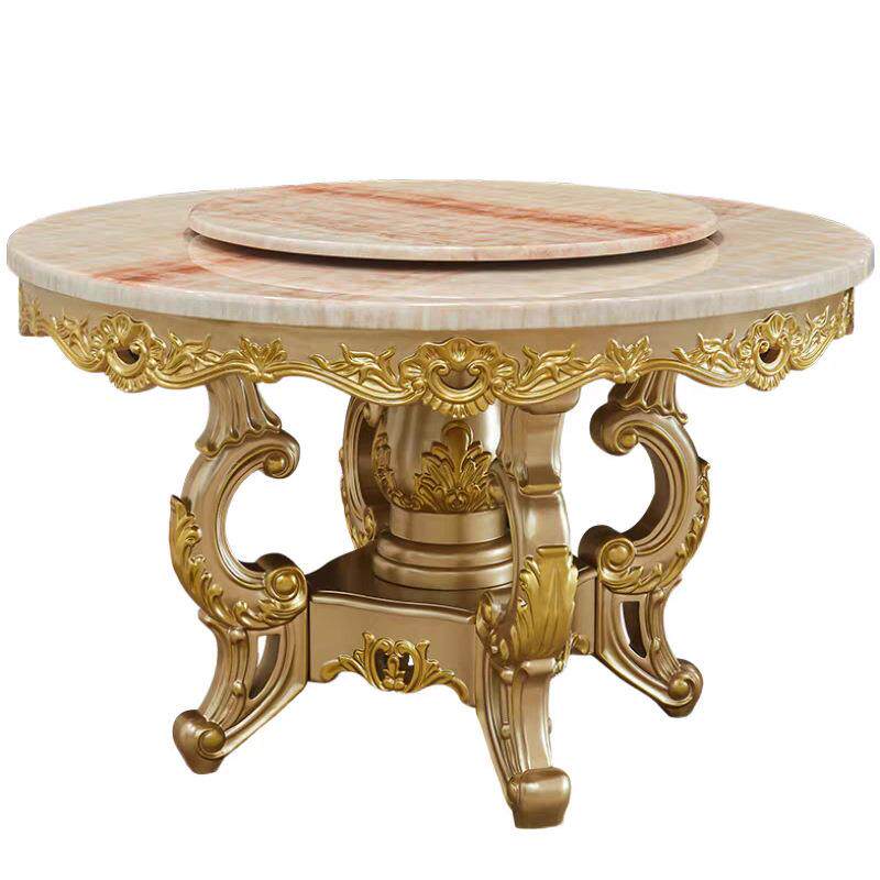 欧式圆餐桌椅组合大理石6人吃饭桌家用带转盘香槟金双层圆形餐台