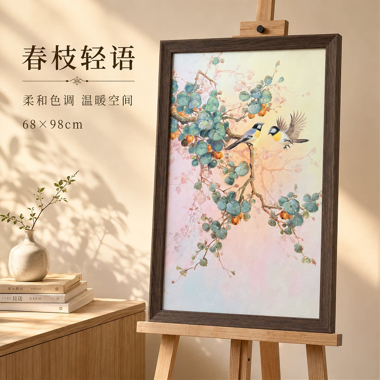 《浆果双鸟竖版油画》系列二/68*98布面客厅玄关艺术油画治愈系挂