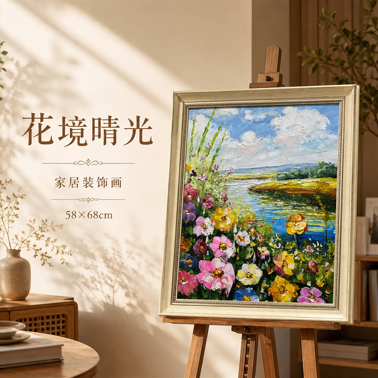 油画杰老师《花畔河湾缤纷野花田园风景挂画》系列二/58*68布面客