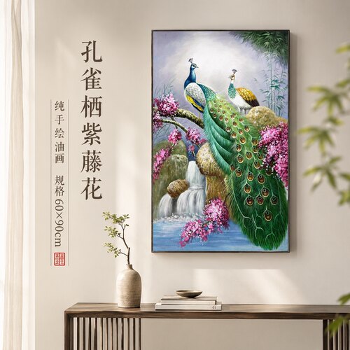 纪俊杰/油画《孔雀栖紫藤花》系列一/60*90手绘/布面
