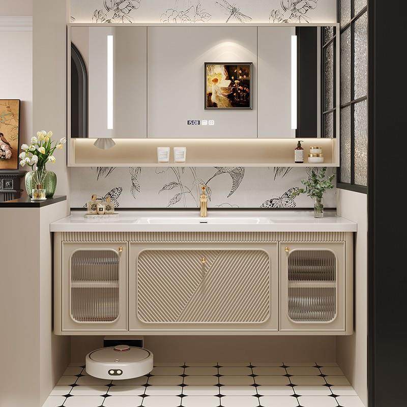 84469法式复古洗浴室柜组合橡木板无缝盆陶瓷一体卫岩生间洗手脸