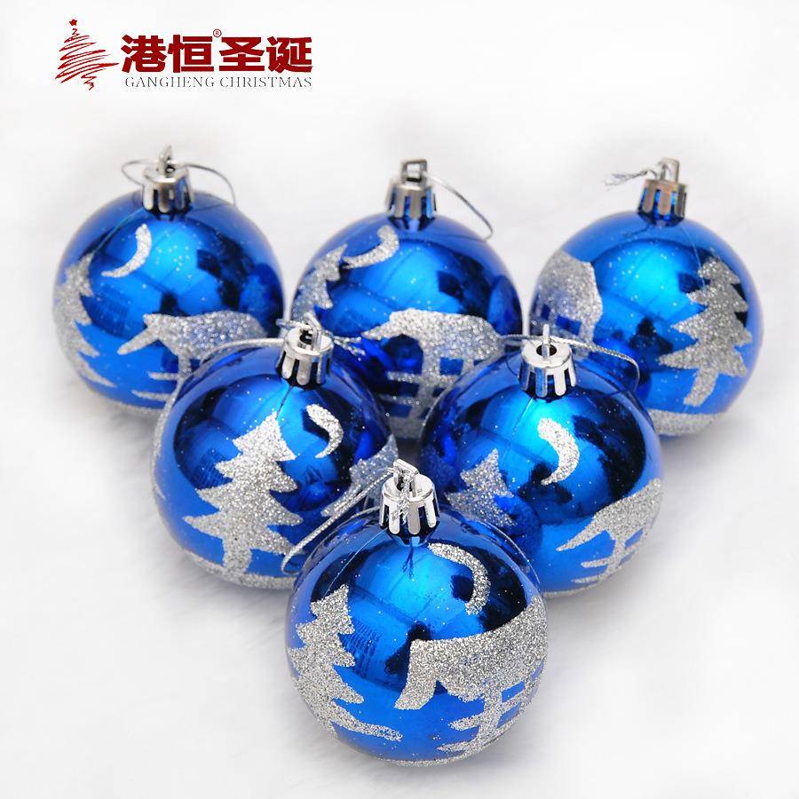 新款圣诞球挂件6cm塑料彩球圣诞树用品装饰盒装亮光吊球雪松图案