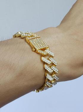 新款欧美嘻哈14mm菱形满钻古巴项链厂家男女通用弹簧扣链条现货