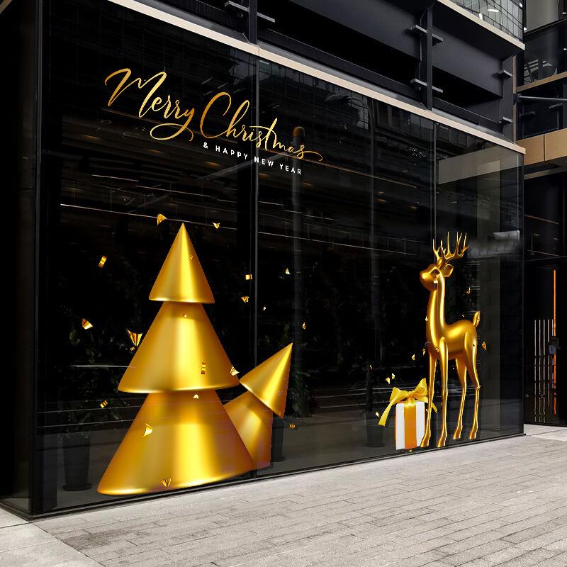 2026新年圣诞节贴纸驯鹿圣诞树店铺商场橱窗玻璃装饰布置静电窗花
