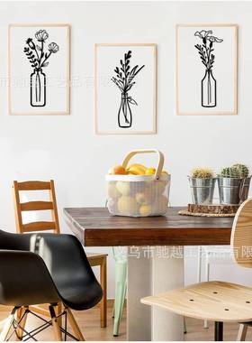 跨境客厅花瓶金属工艺品艺术装饰壁挂黑色简约花朵墙壁铁艺剪影