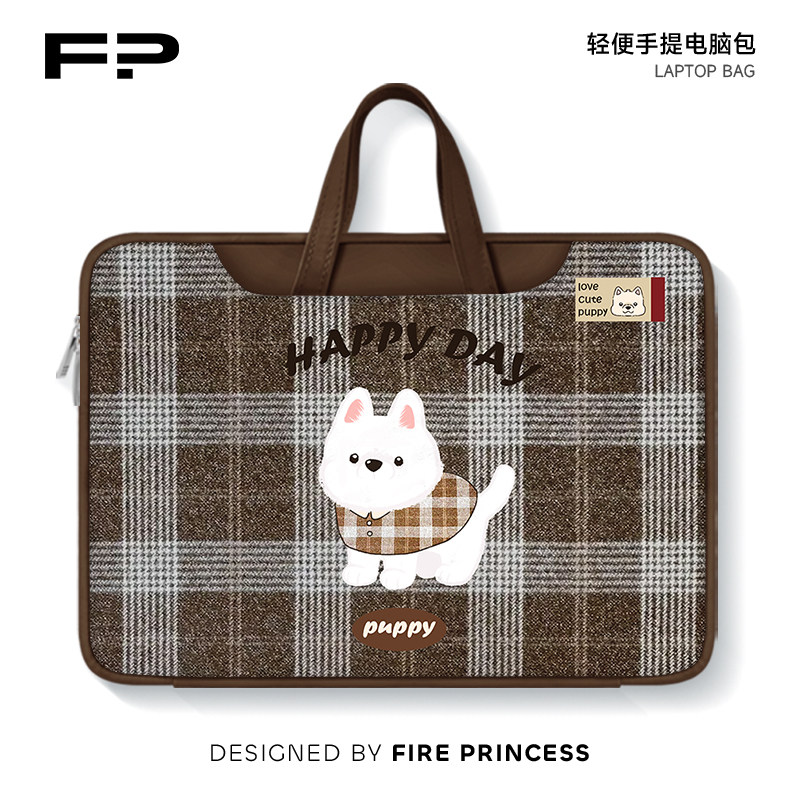 FIREPRINCESS毛呢格纹2024斜跨笔记本电脑包女适用苹果macbook平板手提内胆包14寸华为联想荣耀16收纳保护套