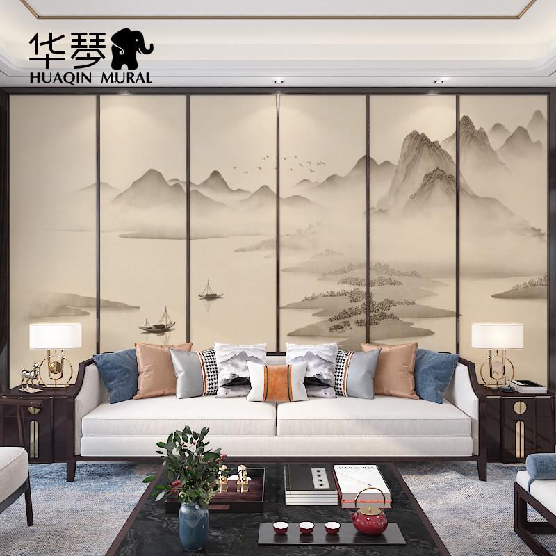 新中式古风影视墙水墨山水壁纸客厅茶室电视背景墙墙布壁布壁画