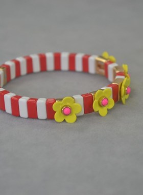 RA  红白条 黄色花朵 搪瓷 弹力手镯