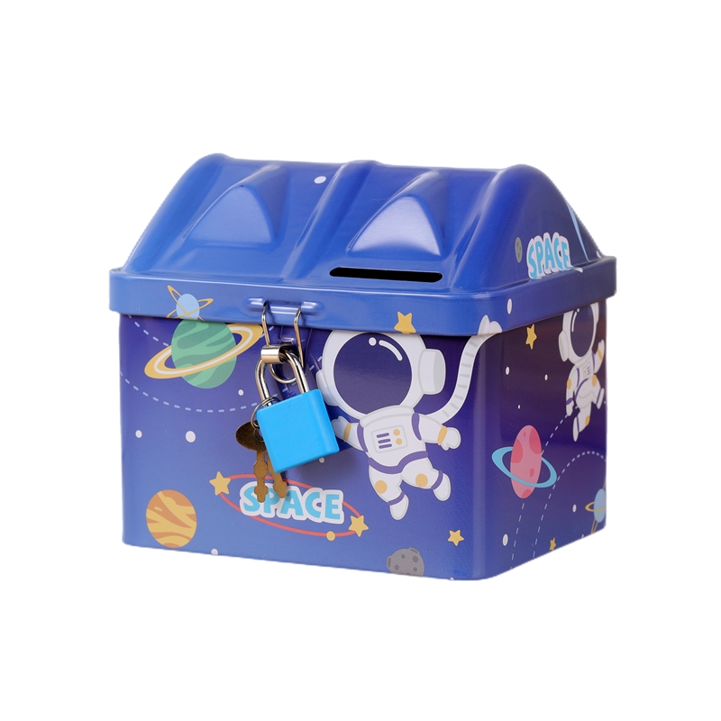 带锁铁盒手提小箱子卡通宇航员储物密码盒儿童金属储蓄罐创意大号