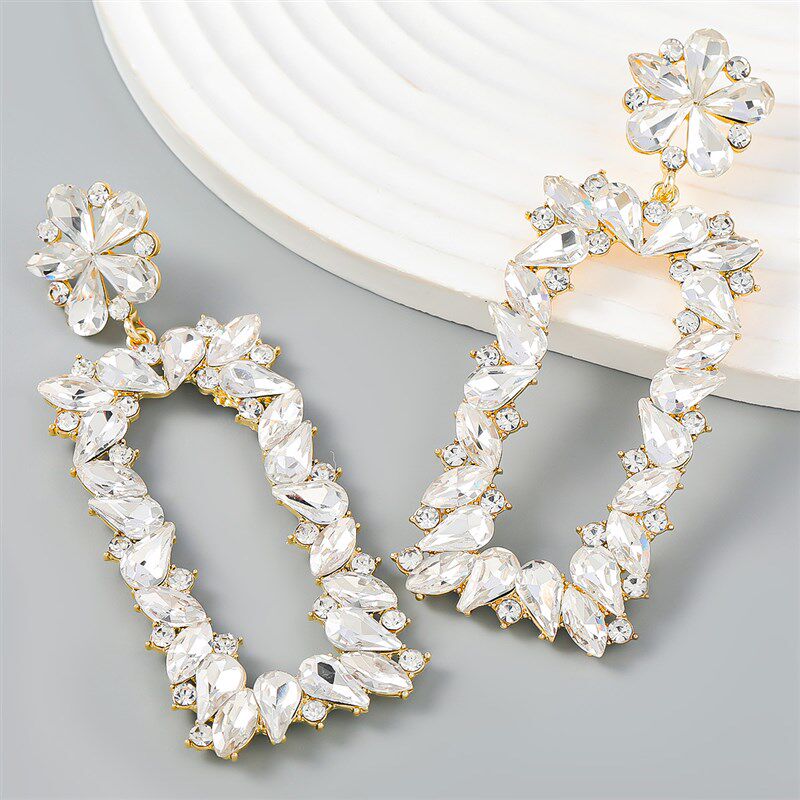 欧美夸张时尚几何形合金镶钻花卉方形耳环女满钻耳饰跨境