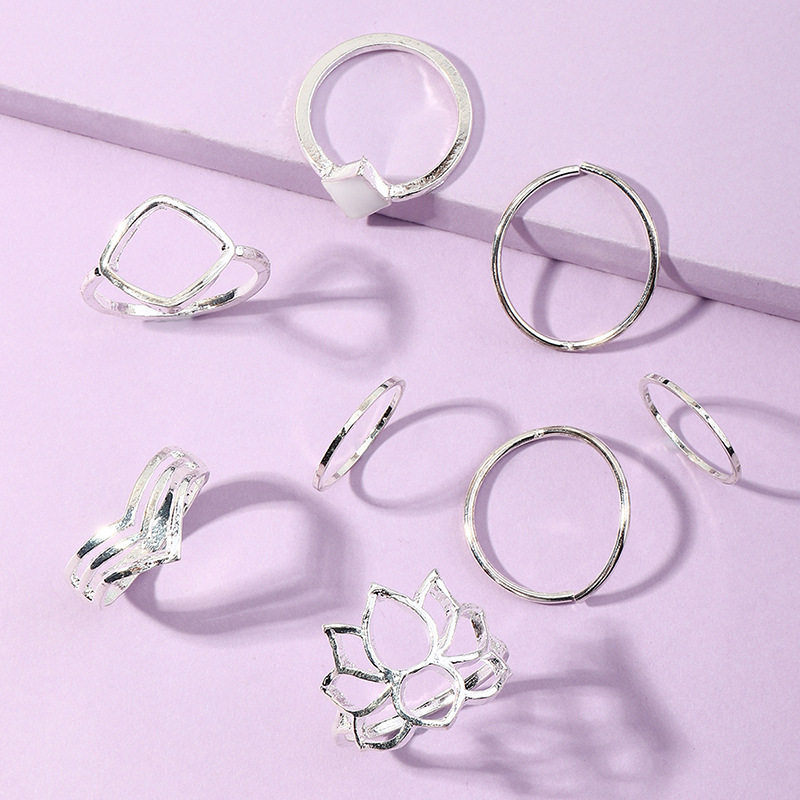 跨境欧美饰品 简约百搭几何套戒件套 银色莲花戒指首饰个性配饰