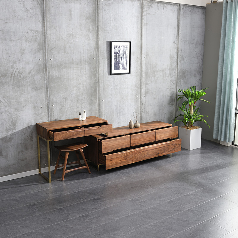 北欧黑胡桃木电视柜轻奢全实木抽屉储物柜日式小户型梳妆台组合