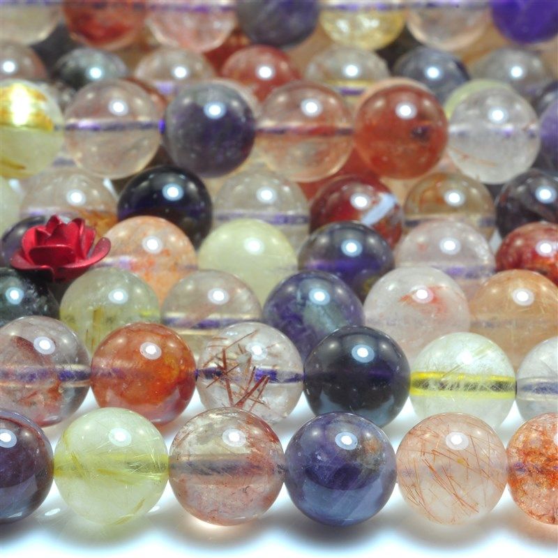 彩发晶天然水晶散珠宝首饰品光面圆珠子手工手錬DIY材料项链手串