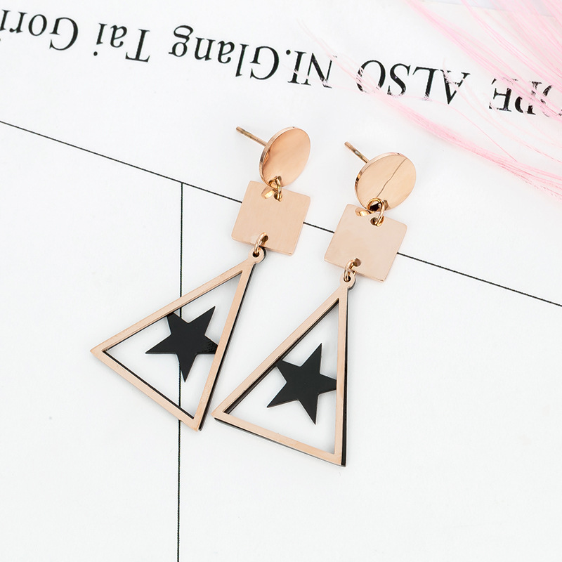 秋冬新款时尚三角形耳环 钛钢夸张耳饰 玫瑰金五角星耳针女小饰品